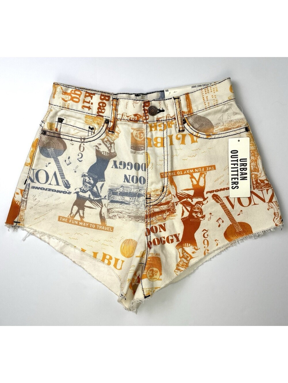 NWT BDG Urban Outfitters Newspaper Print A-Line Denim Shorts Malibu Beach 25